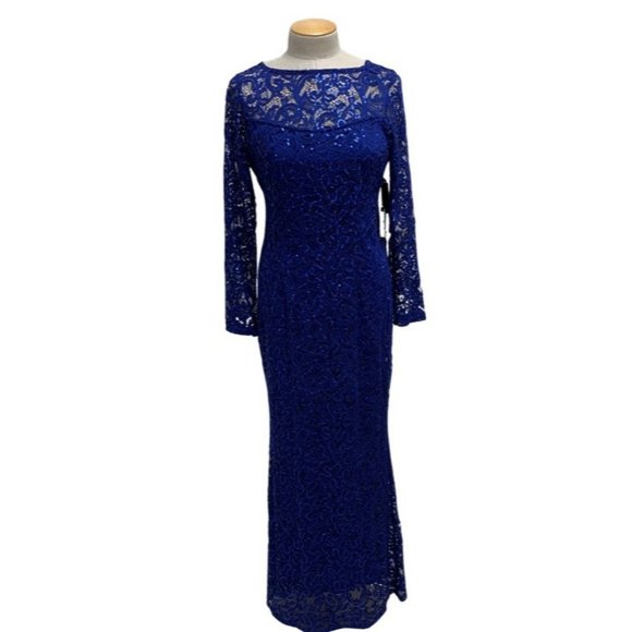 NWT Marina Women's Cobalt Blue Paisly Lace w/Sequins Formal Gown Size 10 - Picture 1 of 11